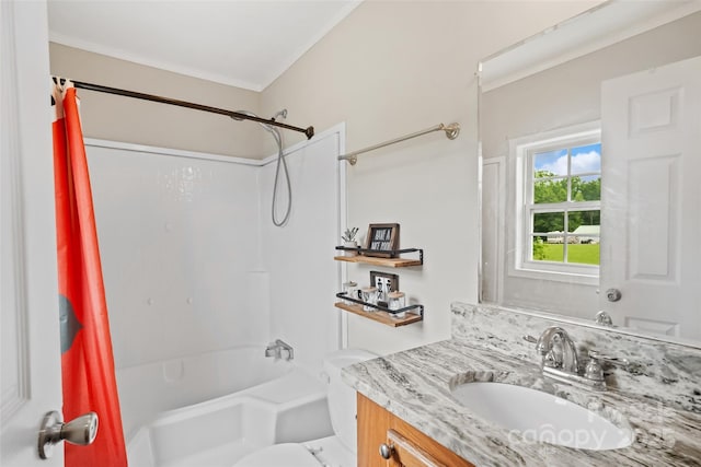 2021 Beamguard Rd, Clover, SC 29710 - bathroom featuring shower / tub combo with curtain, vanity, toilet, and crown molding