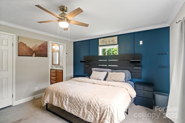 2021 Beamguard Rd, Clover, SC 29710 - bedroom featuring light colored carpet, crown molding, baseboards, a ceiling fan, and connected bathroom