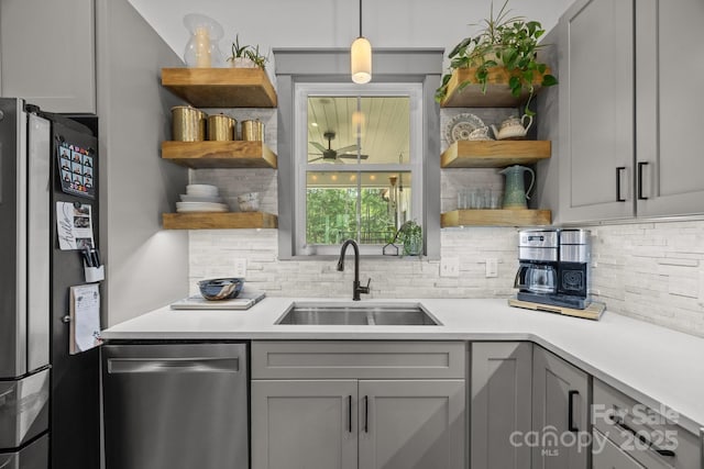 187 Olde Cobblestone Dr, Bostic, NC 28018 - kitchen featuring open shelves, stainless steel appliances, gray cabinets, and backsplash