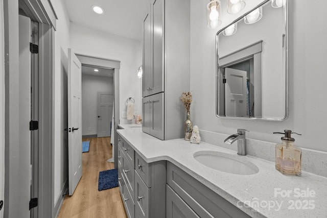 187 Olde Cobblestone Dr, Bostic, NC 28018 - bathroom with vanity, wood finished floors, and recessed lighting