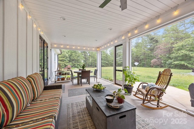 187 Olde Cobblestone Dr, Bostic, NC 28018 - sunroom / solarium with track lighting, ceiling fan, outdoor lounge area, and outdoor dining area