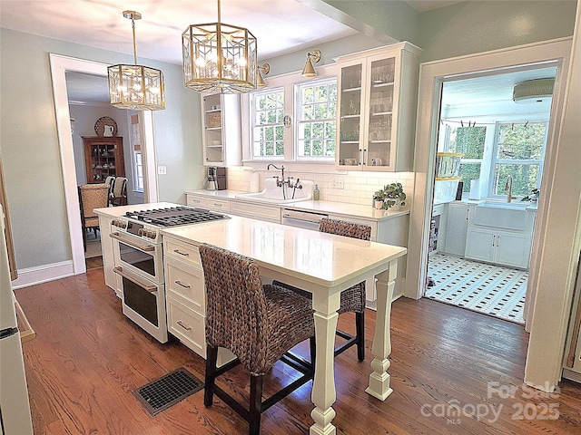 1051 14th Avenue Dr NW, Hickory, NC 28601 - kitchen with range with two ovens, glass insert cabinets, a sink, a chandelier, and light countertops
