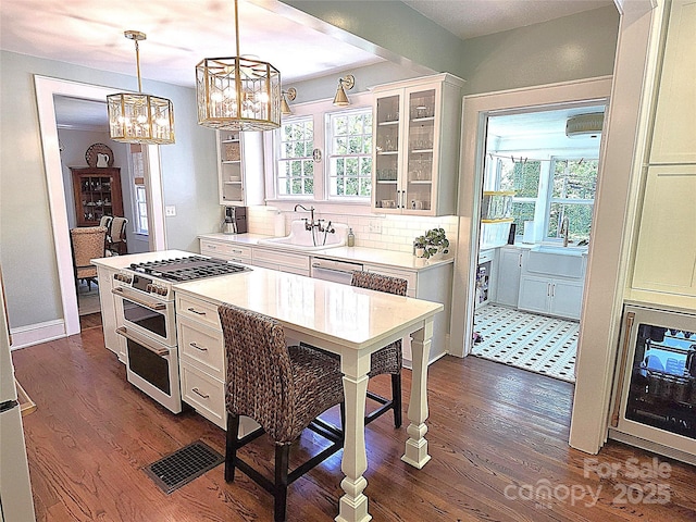 1051 14th Avenue Dr NW, Hickory, NC 28601 - kitchen with range with two ovens, a chandelier, plenty of natural light, and glass insert cabinets
