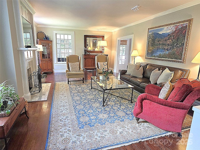 1051 14th Avenue Dr NW, Hickory, NC 28601 - living area featuring wood finished floors, ornamental molding, a fireplace, and baseboards
