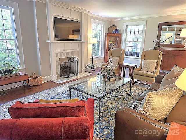 1051 14th Avenue Dr NW, Hickory, NC 28601 - living room featuring crown molding, a fireplace, wood finished floors, and baseboards