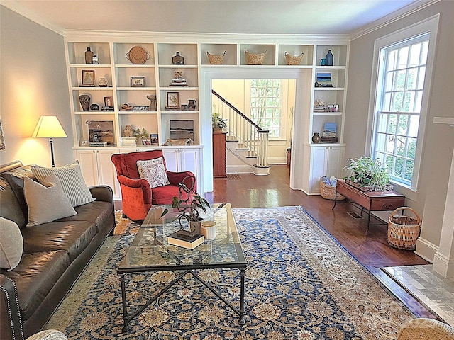 1051 14th Avenue Dr NW, Hickory, NC 28601 - living area featuring crown molding, baseboards, wood finished floors, stairs, and built in features