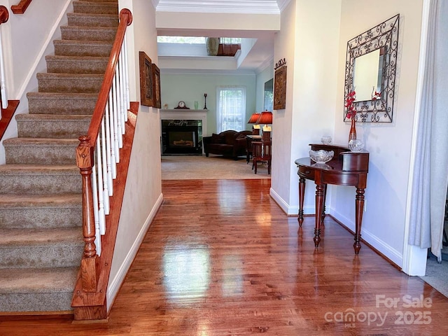 15494 Donnington Dr, Charlotte, NC 28277 - foyer entrance with wood finished floors, ornamental molding, stairs, a fireplace, and baseboards