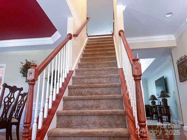 15494 Donnington Dr, Charlotte, NC 28277 - staircase featuring ornamental molding, baseboards, and recessed lighting