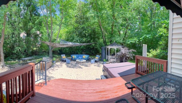 15494 Donnington Dr, Charlotte, NC 28277 - deck featuring a gazebo, an outdoor living space with a fire pit, outdoor dining space, and a grill