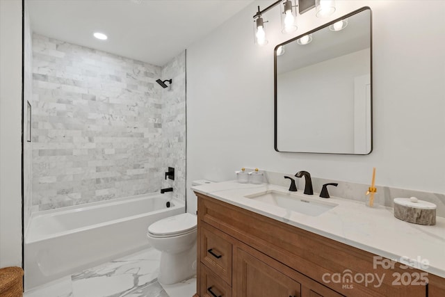5033 Waxhaw Indian Trail Rd, Matthews, NC 28104 - full bathroom featuring vanity, toilet, washtub / shower combination, and marble look tiles