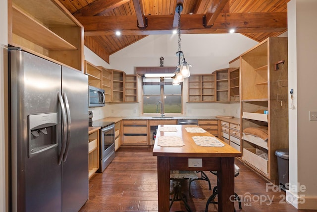 3540 Fork Creek Rd, Saluda, NC 28773 - kitchen with open shelves, stainless steel appliances, wooden ceiling, dark wood finished floors, and light countertops