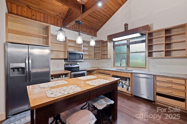 3540 Fork Creek Rd, Saluda, NC 28773 - kitchen featuring open shelves, stainless steel appliances, a wooden ceiling with exposed beams, dark wood-type flooring, and hanging light fixtures