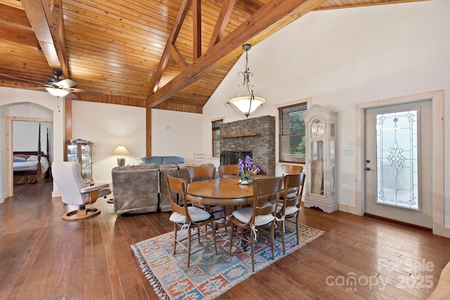 3540 Fork Creek Rd, Saluda, NC 28773 - dining space with a wooden ceiling with exposed beams, a fireplace, hardwood / wood-style floors, arched walkways, and high vaulted ceiling