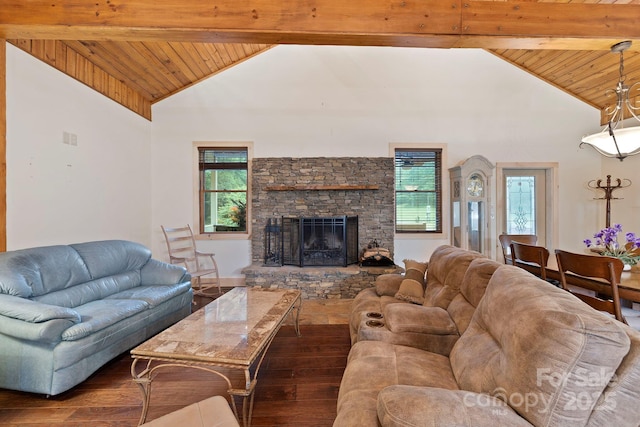 3540 Fork Creek Rd, Saluda, NC 28773 - living area featuring a wood ceiling with exposed beams, hardwood / wood-style floors, plenty of natural light, high vaulted ceiling, and a stone fireplace
