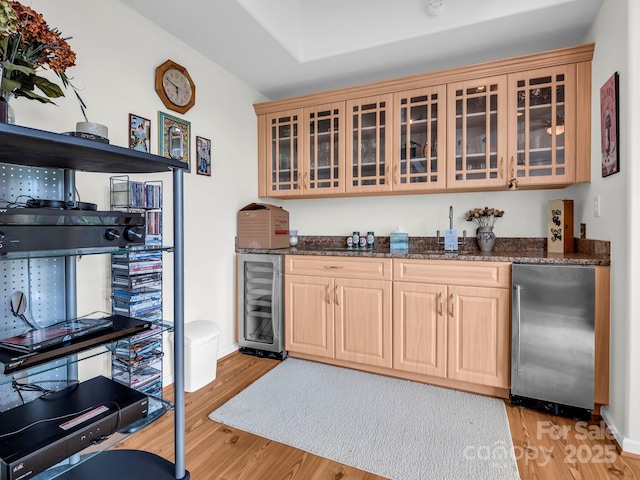 698 Youngs Mountain Dr, Lake Lure, NC 28746 - indoor wet bar featuring refrigerator, wine cooler, light wood-style floors, and baseboards