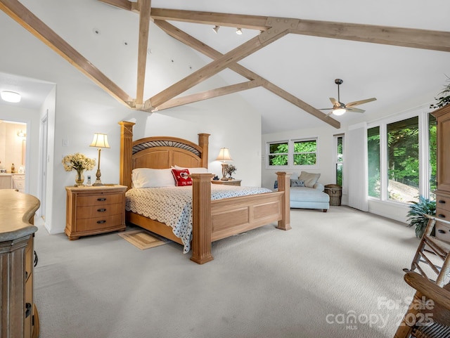 698 Youngs Mountain Dr, Lake Lure, NC 28746 - bedroom featuring light carpet, beamed ceiling, and high vaulted ceiling
