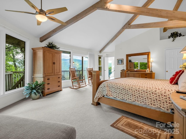 698 Youngs Mountain Dr, Lake Lure, NC 28746 - bedroom featuring access to outside, light carpet, multiple windows, beam ceiling, and high vaulted ceiling