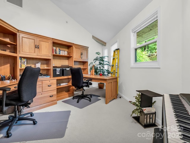 698 Youngs Mountain Dr, Lake Lure, NC 28746 - office with lofted ceiling, carpet, built in desk, and baseboards