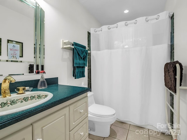 698 Youngs Mountain Dr, Lake Lure, NC 28746 - bathroom featuring tile patterned floors, vanity, toilet, a shower with curtain, and recessed lighting