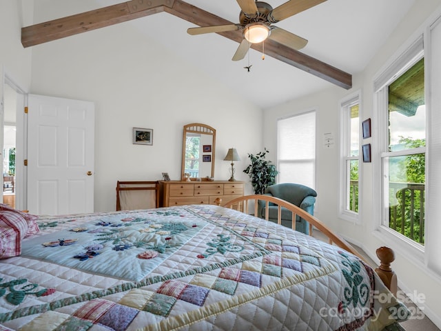 698 Youngs Mountain Dr, Lake Lure, NC 28746 - bedroom with beam ceiling, high vaulted ceiling, and a ceiling fan