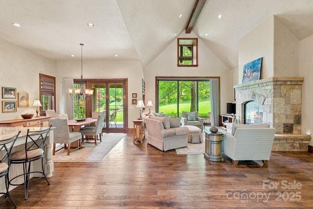 577 Walnut Valley Pkwy, Arden, NC 28704 - living area featuring high vaulted ceiling, hardwood / wood-style flooring, plenty of natural light, a chandelier, and beamed ceiling