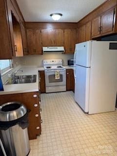 2669 Icard Rhodhiss Rd, Connelly Springs, NC 28612 - kitchen with white appliances, extractor fan, a sink, light countertops, and light flooring