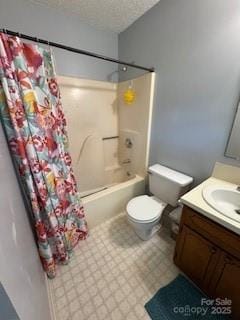 2669 Icard Rhodhiss Rd, Connelly Springs, NC 28612 - full bathroom featuring vanity, shower / tub combo with curtain, toilet, and a textured ceiling