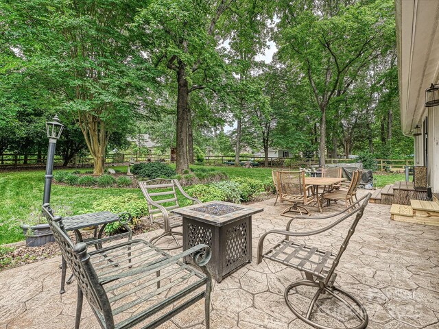2911 Butter Churn Ln, Matthews, NC 28105 - view of patio featuring an outdoor fire pit, outdoor dining area, and view of wooded area