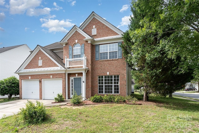 2013 Arbor Crest Ct, Charlotte, NC 28262 - georgian-style home with concrete driveway, brick siding, a front lawn, an attached garage, and a standing seam roof