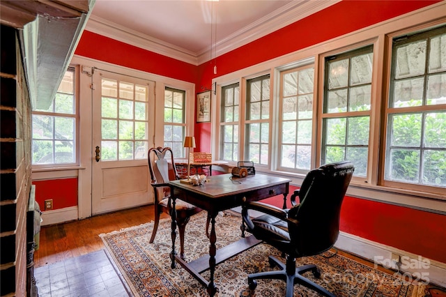 611 E Marion St, Shelby, NC 28150 - office area with plenty of natural light, crown molding, baseboards, and wood finished floors