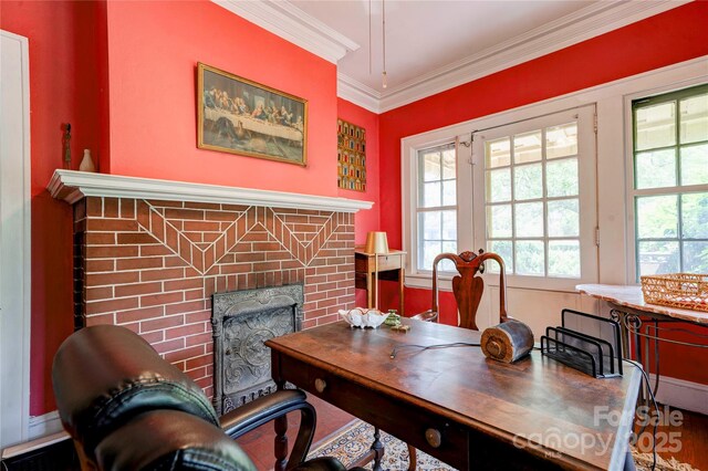 611 E Marion St, Shelby, NC 28150 - home office with a fireplace and ornamental molding