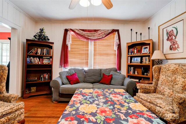 611 E Marion St, Shelby, NC 28150 - living room with crown molding, wood finished floors, and ceiling fan