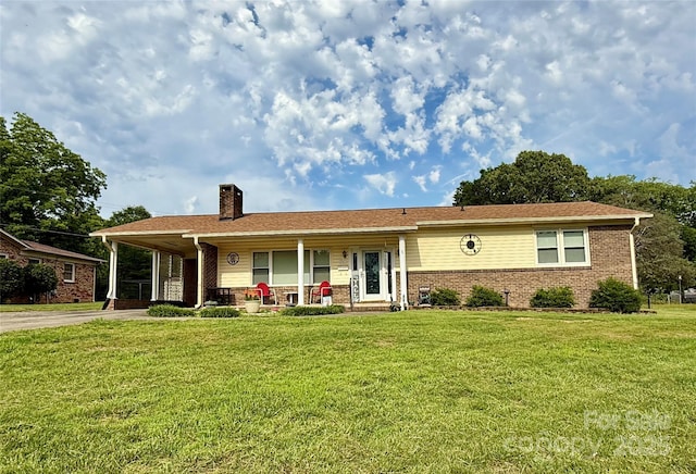 403 Kings Dr, Cherryville, NC 28021 - ranch-style house featuring covered porch, a chimney, driveway, and brick siding