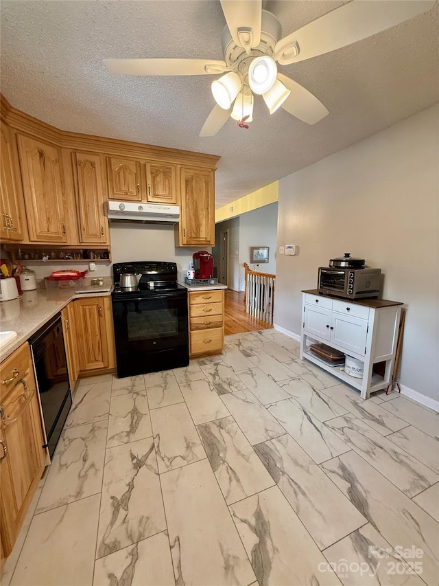 403 Kings Dr, Cherryville, NC 28021 - kitchen with black appliances, under cabinet range hood, light marble finish flooring, ceiling fan, and a textured ceiling