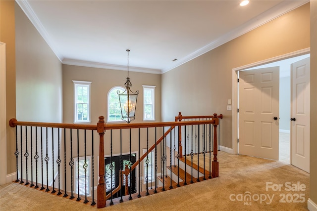 1009 Brookline Dr, Huntersville, NC 28078 - corridor with carpet, crown molding, an upstairs landing, and recessed lighting