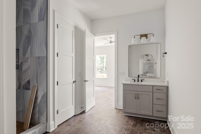 6782 Kingfisher Ct, Denver, NC 28037 - full bathroom featuring vanity, wood finished floors, a ceiling fan, and a shower