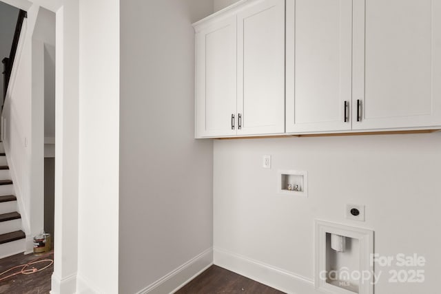 6782 Kingfisher Ct, Denver, NC 28037 - laundry room with cabinet space, electric dryer hookup, washer hookup, and dark wood-style flooring