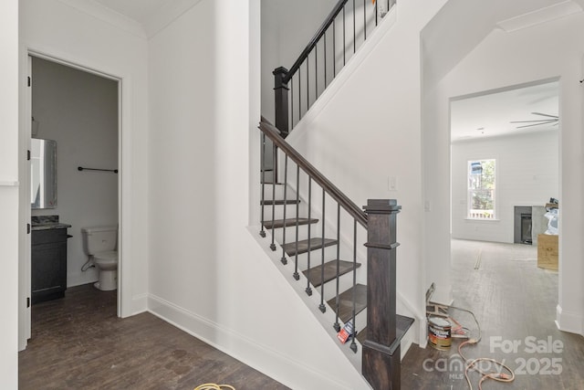 6782 Kingfisher Ct, Denver, NC 28037 - staircase with wood finished floors and a fireplace
