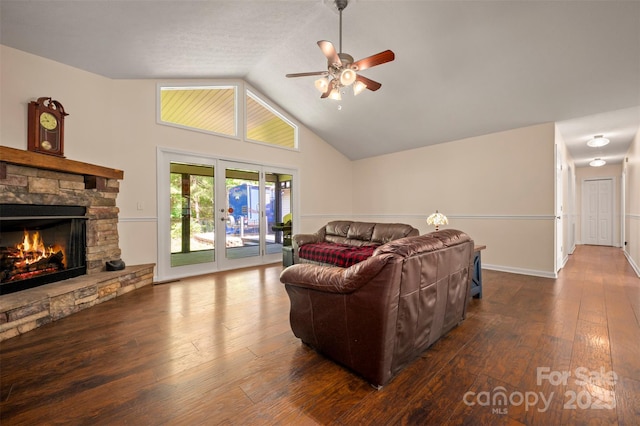 2 Candlestick Dr, Zirconia, NC 28790 - living area with a ceiling fan, hardwood / wood-style flooring, a stone fireplace, and high vaulted ceiling