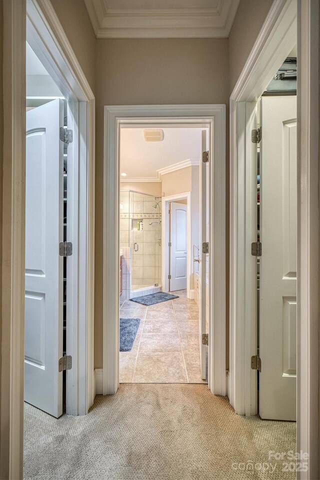 9002 Fair Oak Dr, Sherrills Ford, NC 28673 - hallway featuring carpet and ornamental molding