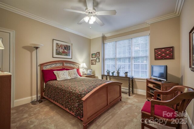 9002 Fair Oak Dr, Sherrills Ford, NC 28673 - bedroom featuring light colored carpet, baseboards, ornamental molding, and ceiling fan