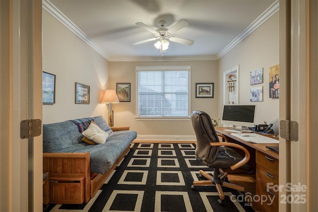 9002 Fair Oak Dr, Sherrills Ford, NC 28673 - home office featuring ceiling fan, ornamental molding, baseboards, and dark carpet