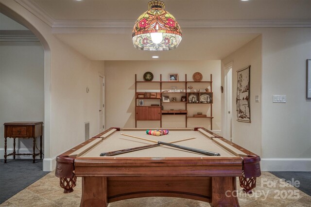 9002 Fair Oak Dr, Sherrills Ford, NC 28673 - recreation room with arched walkways, billiards, ornamental molding, carpet floors, and baseboards