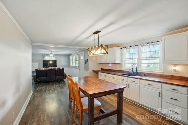 2903 Price Rushing Rd, Monroe, NC 28110 - kitchen featuring a sink, butcher block counters, ornamental molding, dark wood-style floors, and white cabinets