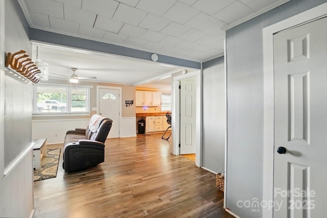 2903 Price Rushing Rd, Monroe, NC 28110 - living room with crown molding, light wood-style flooring, and ceiling fan