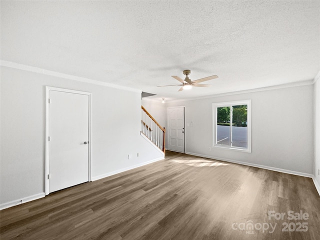 1908 Harvest Ln Unit 5, Charlotte, NC 28210 - unfurnished living room featuring stairs, wood finished floors, a ceiling fan, a textured ceiling, and baseboards