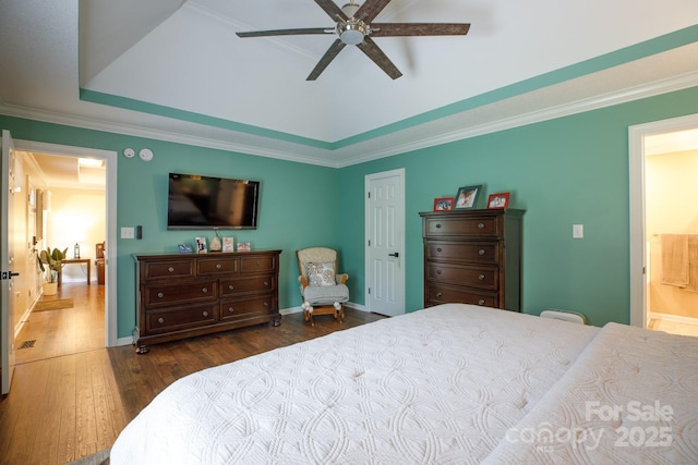 785 Sanside Dr, York, SC 29745 - bedroom featuring hardwood / wood-style flooring, ornamental molding, a tray ceiling, ceiling fan, and baseboards