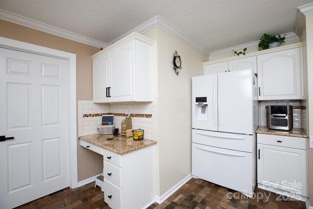 785 Sanside Dr, York, SC 29745 - kitchen with white refrigerator with ice dispenser, white cabinetry, ornamental molding, tasteful backsplash, and dark wood-style flooring