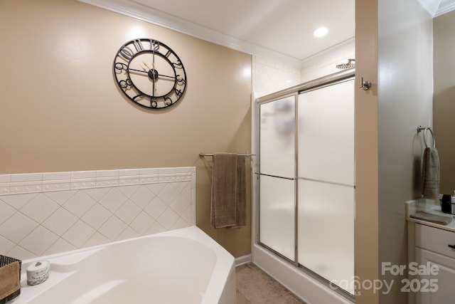 785 Sanside Dr, York, SC 29745 - full bathroom with ornamental molding, a stall shower, a bath, and recessed lighting