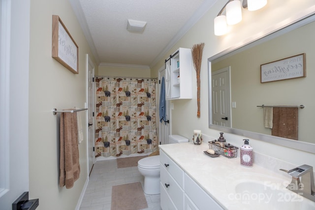 785 Sanside Dr, York, SC 29745 - full bathroom featuring toilet, curtained shower, a textured ceiling, crown molding, and vanity